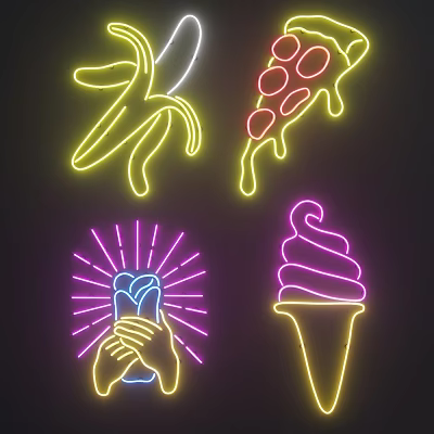 Neon Decorative Lights with Banana Pizza Ice Cream and Hands Holding Radiant Heart Shapes 3d model