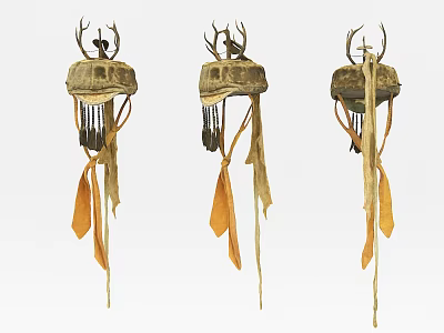 Traditional Fur Hats With Antler Decorations And Long Tassel Ornaments 3d model