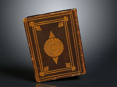Intricate Golden Sculpture Carving On Brown Book Cover With Decorative Patterns 3d model