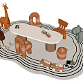 Kids Activity Table with Animal Toys Chairs and Building Blocks on Wavy Rug