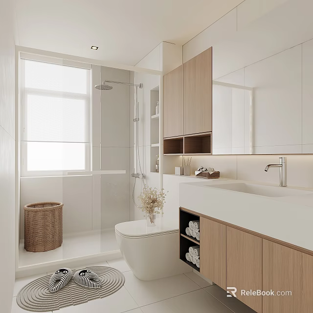 Modern Bathroom Interior With Shower Area Toilet Wooden Cabinets Sink Mirror And Natural Light 3d model 