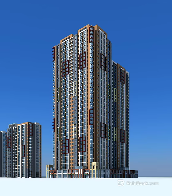 Modern High Rise Residential Buildings With Glass Facade And Blue Sky Background 3d model 