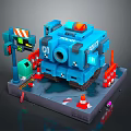 Blue Police Tank Like Car with Traffic Signs Cones and Road Platform