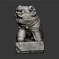 Ancient Stone Lion Statue Kneeling On Square Pedestal With Carved Details