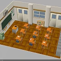 Classroom Interior With Wooden Floor Desks Teacher's Desk Blackboard And Bookshelf
