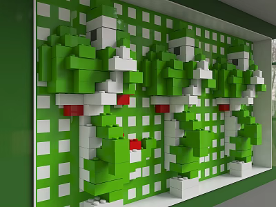Green And White Square Background Wall With Lego Style 3D Green Creatures And Red Eyes 3d model