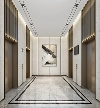 Modern Elevator Hallway Interior With Side Elevator Doors Marble Floor Wall Art And Linear Lighting 3d model