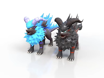 Blue And Black Horned Mythical Creatures With Spiky Manes Standing Together 3d model