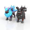 Blue And Black Horned Mythical Creatures With Spiky Manes Standing Together