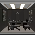 Modern Leisure Area With Floral Decorative Paintings Long Table Tea Set Stools And Square Lights