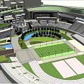 Modern Urban Plaza Design With Curved Water Feature Green Lawns Neatly Arranged Trees And Buildings