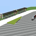 Outdoor Parking Area With Green Lawn Canopies Striped Ground And Bench