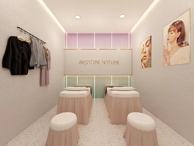 Restore Nature Beauty Salon Interior With Beauty Beds Stools And Fashion Posters 3d model