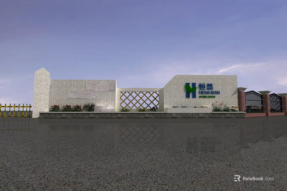 Entrance Gate With White Wall Diamond Lattice Design Company Logo Green Plants And Blue Sky 3d model 