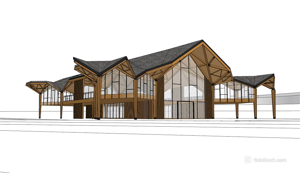 Modern Architectural Building With Wooden Structure Large Glass Windows And Sloped Gabled Roofs 3d model 