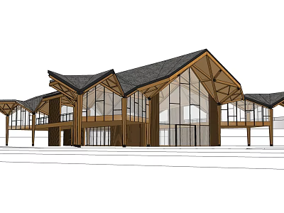Modern Architectural Building With Wooden Structure Large Glass Windows And Sloped Gabled Roofs 3d model