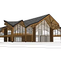 Modern Architectural Building With Wooden Structure Large Glass Windows And Sloped Gabled Roofs