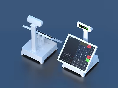 Two White Modern Electronic Household Devices With Digital Screens Keyboards And Stands 3d model