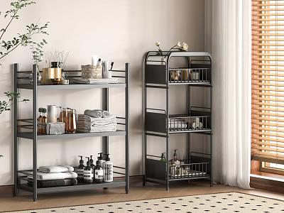 Modern Metal Bathroom Storage Shelves With Towels Toiletries And Aromatherapy Bottles 3d model