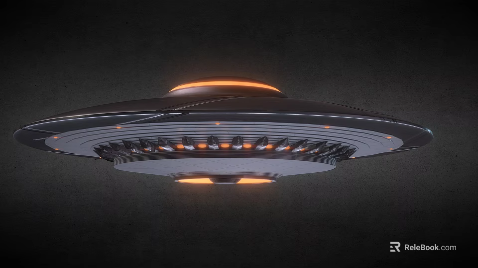 Circular UFO Flying Saucer With Orange Glowing Lights And Metallic Surface Design 3d model 