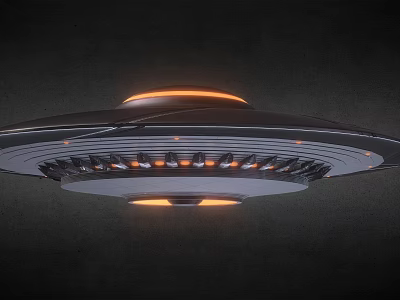 Circular UFO Flying Saucer With Orange Glowing Lights And Metallic Surface Design 3d model
