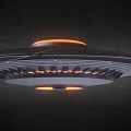 Circular UFO Flying Saucer With Orange Glowing Lights And Metallic Surface Design