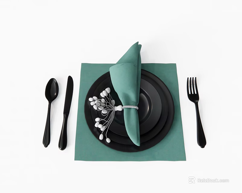 Dinnerware Set With Green Napkin Black Cutlery Stacked Plates Decorative Flower On Green Placemat 3d model 