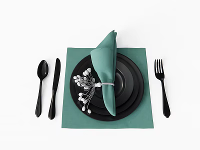 Dinnerware Set With Green Napkin Black Cutlery Stacked Plates Decorative Flower On Green Placemat 3d model
