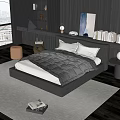 Modern Double Bed in Contemporary Bedroom with Table Lamps Nightstand and City View Window