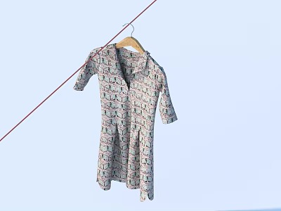 Light Colored Patterned Short Sleeve Shirt Dress Hanging on Wooden Hanger 3d model