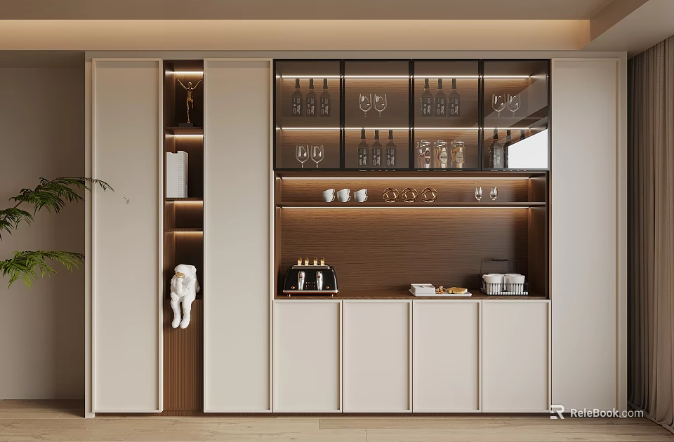 Modern Wine Cabinet With Glass Doors Wine Bottles Glasses And Built In Lighting 3d model 