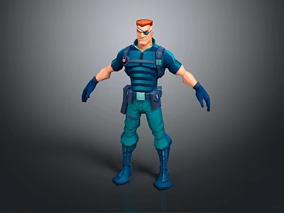 Cartoon Style 3D Male Character In Blue Uniform Standing With Red Hair And Goggles 3d model