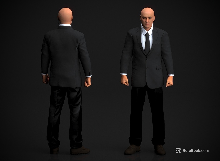 Bald Man in Black Suit Front and Back View with Dark Background 3d model 