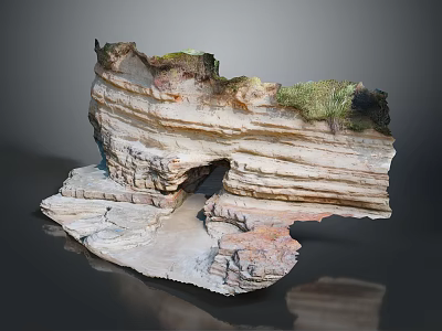 Layered Rock Formation Featuring Natural Arch And Green Vegetation On Textured Surface 3d model