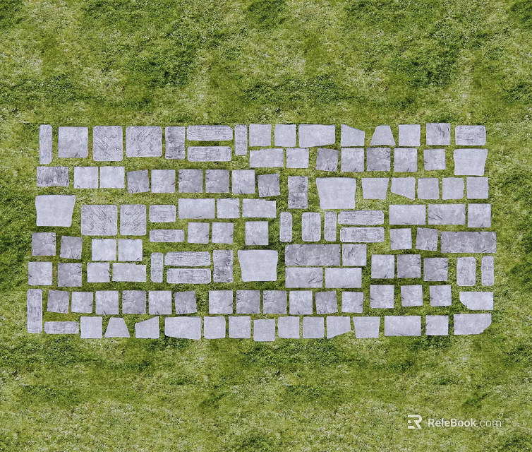 Gray Stone Slabs Paved Irregular Rectangular Path On Green Grass 3d model 