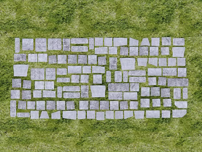 Gray Stone Slabs Paved Irregular Rectangular Path On Green Grass 3d model