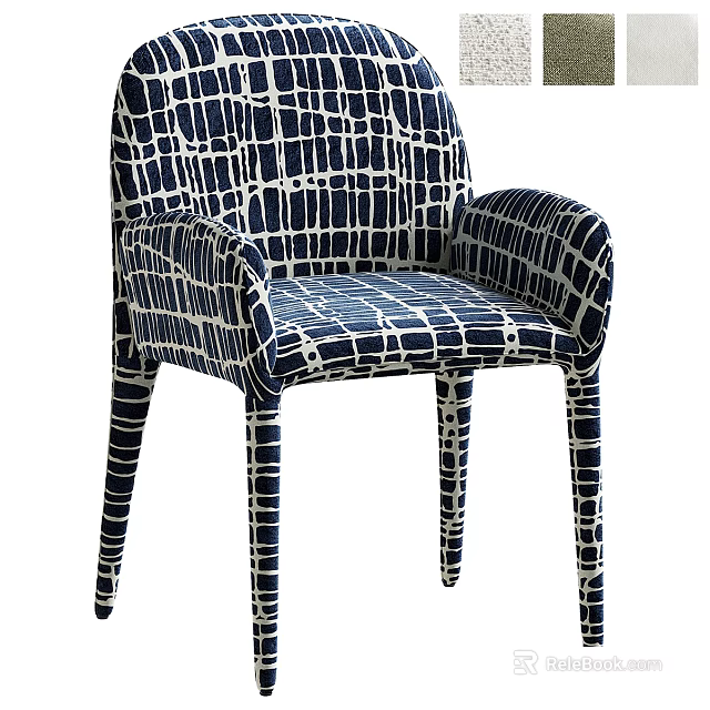 Modern Dining Chair With Armrests And Blue White Grid Pattern Design 3d model 