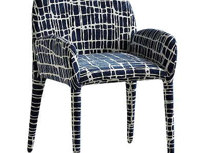 Modern Dining Chair With Armrests And Blue White Grid Pattern Design 3d model