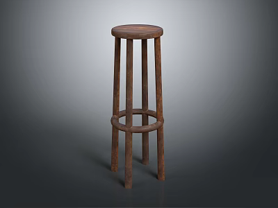 Wooden Bar Stool With Round Seat Four Legs And Circular Support Structure 3d model