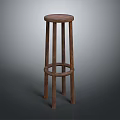 Wooden Bar Stool With Round Seat Four Legs And Circular Support Structure 3d model