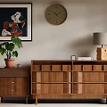 Modern Wooden Decorative Cabinet In Living Room With Plant Artwork Lamp And Side Table