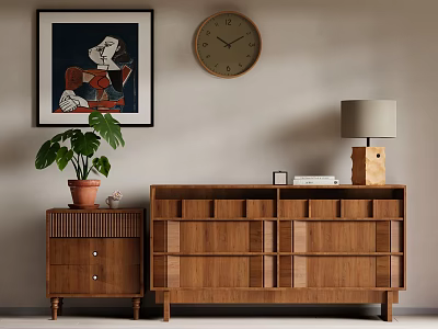 Modern Wooden Decorative Cabinet In Living Room With Plant Artwork Lamp And Side Table 3d model