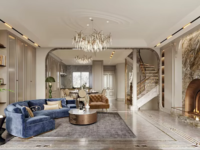 Luxury Open Concept Living And Dining Room Interior Design With Crystal Chandeliers And Velvet Sofas 3d model