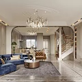 Luxury Open Concept Living And Dining Room Interior Design With Crystal Chandeliers And Velvet Sofas