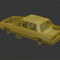 Beige Vintage Car With Open Hood Exposed Engine Worn Body And Damaged Tires