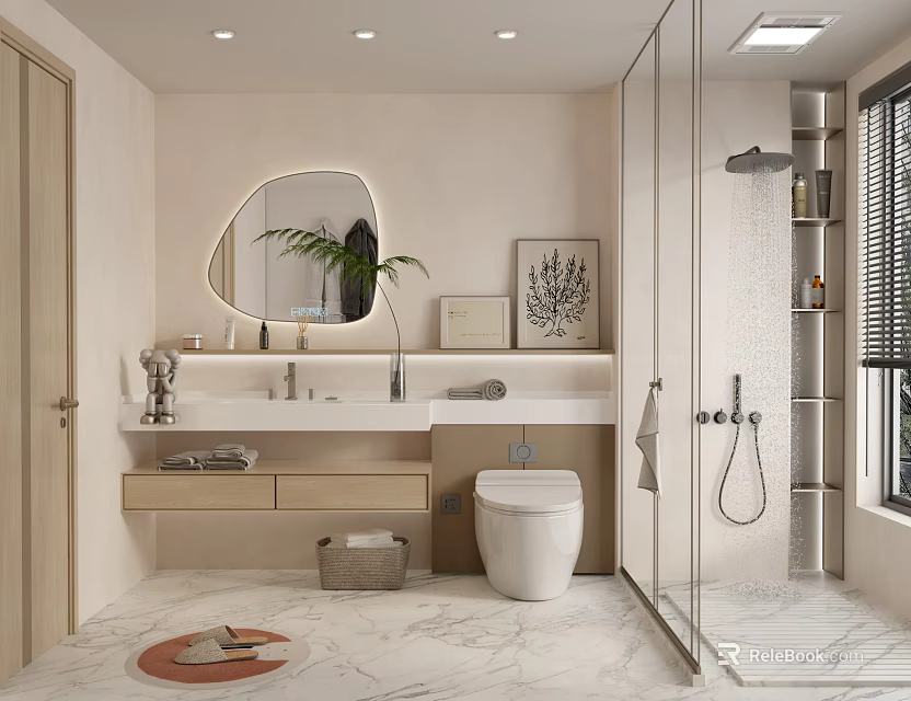 Modern Bathroom Interior Design With Round Mirror Vanity Glass Shower And Marble Floor 3d model 
