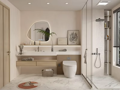 Modern Bathroom Interior Design With Round Mirror Vanity Glass Shower And Marble Floor 3d model