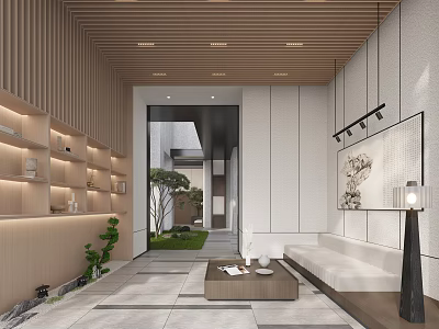 Modern Entryway Interior Design With Wooden Walls Shelves Sofa Coffee Table And Courtyard 3d model