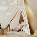 Indoor Kids Play Tepee Tent With Cloud Wall Decorations And String Lights 3d model