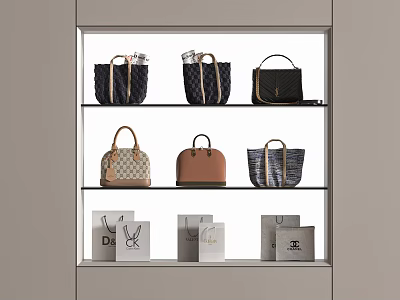 Stylish Bags Display In Cabinet With Three Shelves Various Colors And Brand Logos 3d model